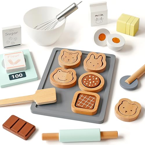 PairPear Spielküche Zubehör Holz Keks Set Backset Kinderküche Zubehör mit Lebensmittel Spielzeug Holzspielzeug Kekse Rollenspiel Kleinkinder Spielzeug Geschenk für Jungen und Mädchen ab 3 Jahren