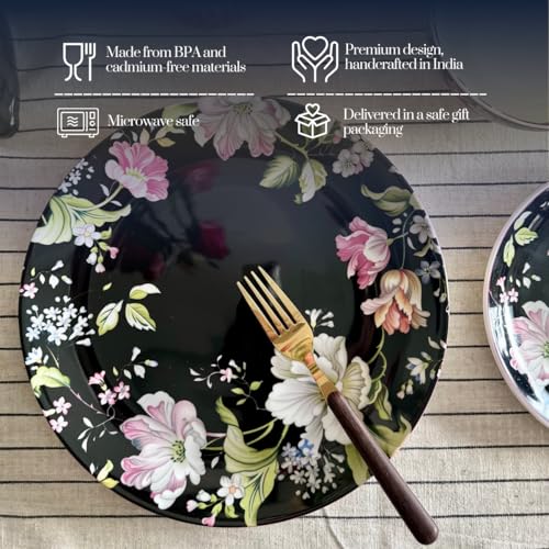 Image of GOLDEN QUEEN'S Handcrafted Dinner Plates: Set of 2 | Perfect for Hosting and Daily Meals | Microwave Safe Plates | 10.5 inch | Serves 2 (Garden Splendor in Black Dinner Plates)