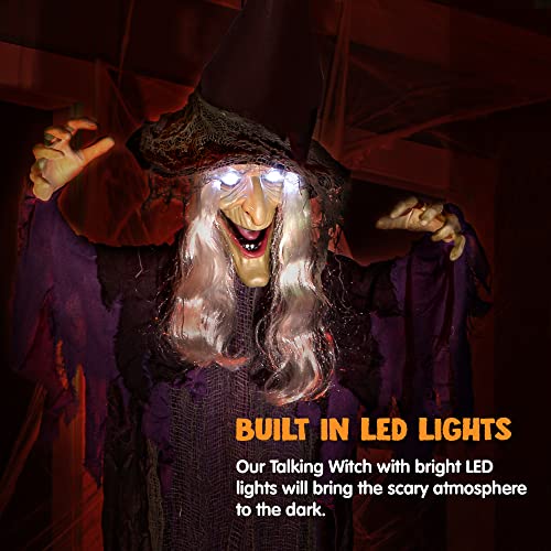 Image of JOYIN 72 inch Halloween Hanging Witch Decorations Outdoor, Flying Talking Ghost Decor Light Up Eyes Sound Activated, Outside Indoor Haunted House Prop for Lawn Yard Garden, Purple