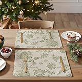 JINCHAN Linen Floral Fall Placemats Christmas Set of 4 Cloth Table Mats Rustic Cottagecore Jacobean Outdoor Seasonal for Kitchen Dining Table Decor Washable Tablemats 13x19 Inch Green