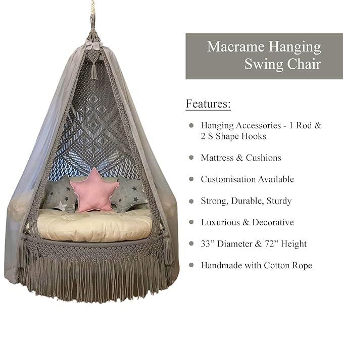 Image of Macrame Hanging Chair Swing with Cushions, Boho Indoor Round Hammock Seat Indoor & Outdoor - Patio, Balcony, Bedroom, Living Room, Garden-Kids, Adults (Grey with Stars)