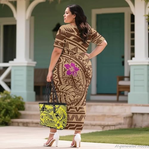 Image of Polynesian Dress for Women Short Sleeve High Waist Maxi Skirt | Puletasi dress, t-shirt and skirt two-piece, elastic material, lightweight, soft, plus size, luau party, wedding, clubwear