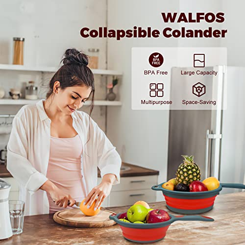 Walfos Silicone Pasta Colander - Collapsible Colander with Handle Set, Set of 2, Space-Saving Kitchen Strainers, 1.5 Quart, 2 Quart, BPA Free & Dishwasher Safe, for Pasta, Vegetables, Fruits (Red) - Image 6