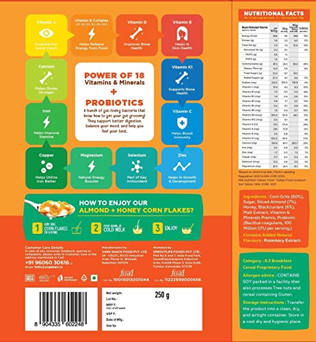 Image of Yogabar Cornflakes Almond & Honey Healthy Crunchy Breakfast cereals with Probiotics 250g| Real Honey & Almond | Cholesterol Free | Corn Flakes, Breakfast Cereal
