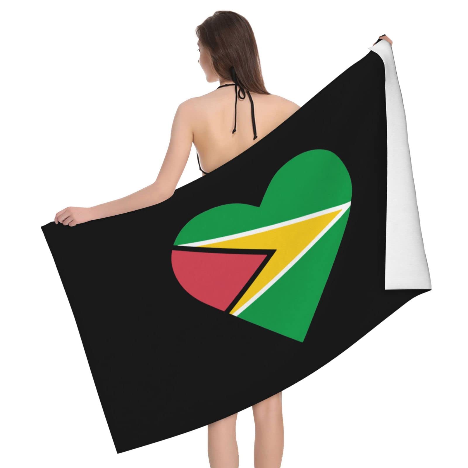 Lsjuee Flag of Guyana Heart Bath Towel Absorb Water Quick Dry Bath Towel, for Beach, Swimming Pool, Camping