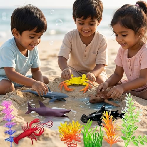 Image of ZESTHOME Aquatic Sea Animals & Fish Toys for Kids | Big Rubber Ocean Creatures Playset - Crab, Turtle, Whale, Shark, Lobster & Dolphin with Sea Grasses - BPA-Free, Non-Toxic | 6 piece