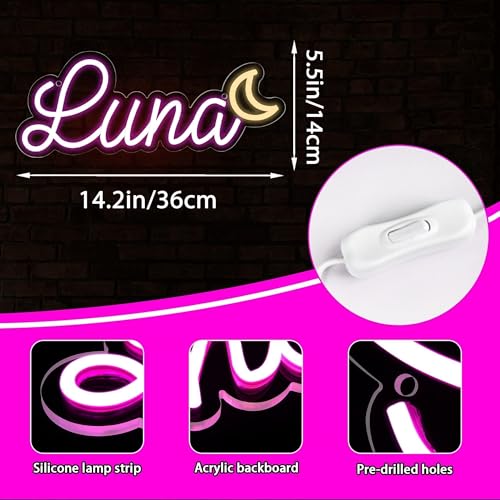 Image of Luna Name Neon Sign,LED Name Neon Light for Kids Bedroom,Birthday Party Decoration,Neon Sign Customizable for Wall Decor,Perfect Choice for Girls,Size 14.2 * 5.5 inches(JTD0174)