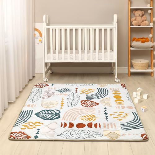 decalsweet Spielmatte Baby 127×127cm mit Rutschfest, Extra Dicke 2cm Weiche Krabbelmatte Baby, Faltbar Krabbeldecke für Baby Krabbelteppich für Kinderzimmer Indoor Outoor Zaun (Boho-Blatt)