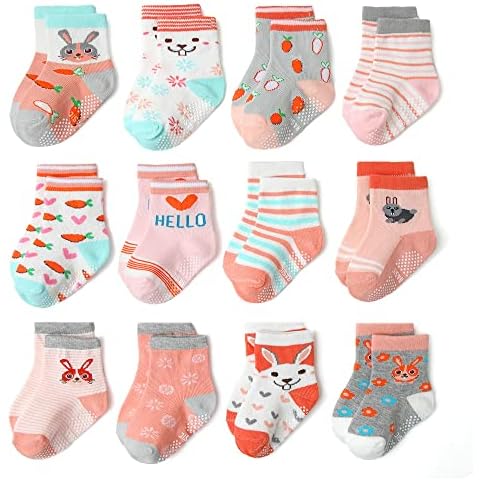 Fly love 12 Pack Baby Girls Non Slip Skid Grip Ankle Socks Infant Toddler Cotton Soles Cute Crew Socks (as1, age, 3_years, 5_years, Style A) Cover