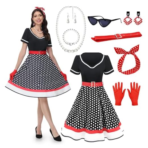 JONRRYIN Vestito Anni 50 Donna, Rockabilly Accessori, Abito Gonna Vintage Con Occhiali, Orecchini, Guanti, Collana per Carnevale
