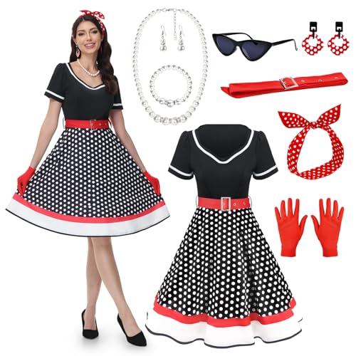 JONRRYIN 50er Jahre Kostüm Damen, 9-teiliges Rockabilly Accessoires Set mit Katzen-Auge Brille, Ohrringe, Stirnband, Halskette, Handschuhe - Perfekt...