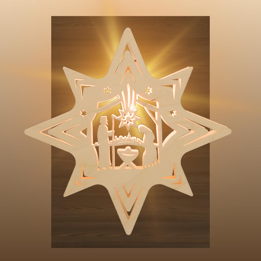 weigla - Fensterbild original Erzgebirge Stern Christi Geburt I Weihnachtsdeko Fenster I 1 Lampe I 7 W, E14 I Fensterbild Weihnachten I Weihnachtsbeleuchtung aus Holz I Fensterdeko hängend