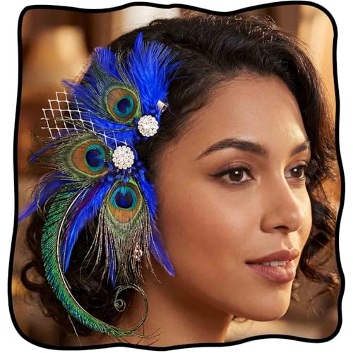 Yokawe Peacock Feather Hair Clip Set Blue Fascinator Flapper Headpiece 20s Gatsby Costume for Women