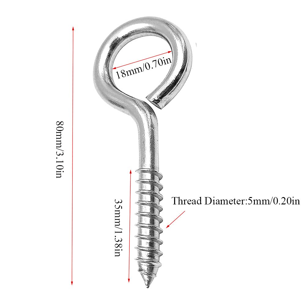 Occhi a vite, in acciaio inox, 7,5 cm, M6 x 80, ganci a vite resistenti per legare e fissare cavi, 60 pezzi