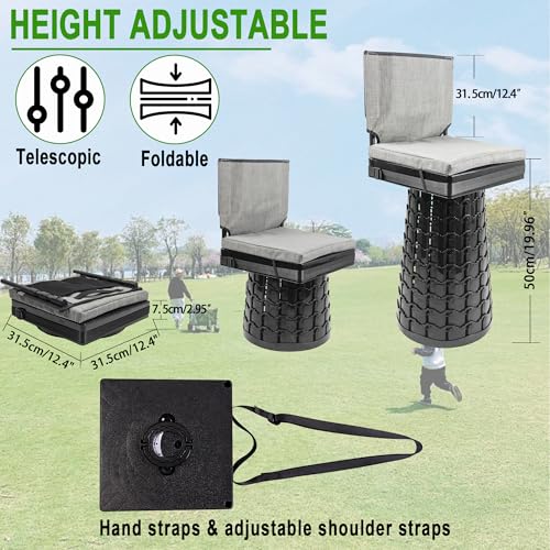 Image of ALEVMOOM 2026 Upgraded Collapsible Stool with Backrest, Cushion & Bag, Portable Telescopic Stool Heavy Duty Load Capacity 1000lbs, Square Folding Chair for Camping Gardening Fishing Hiking BBQ