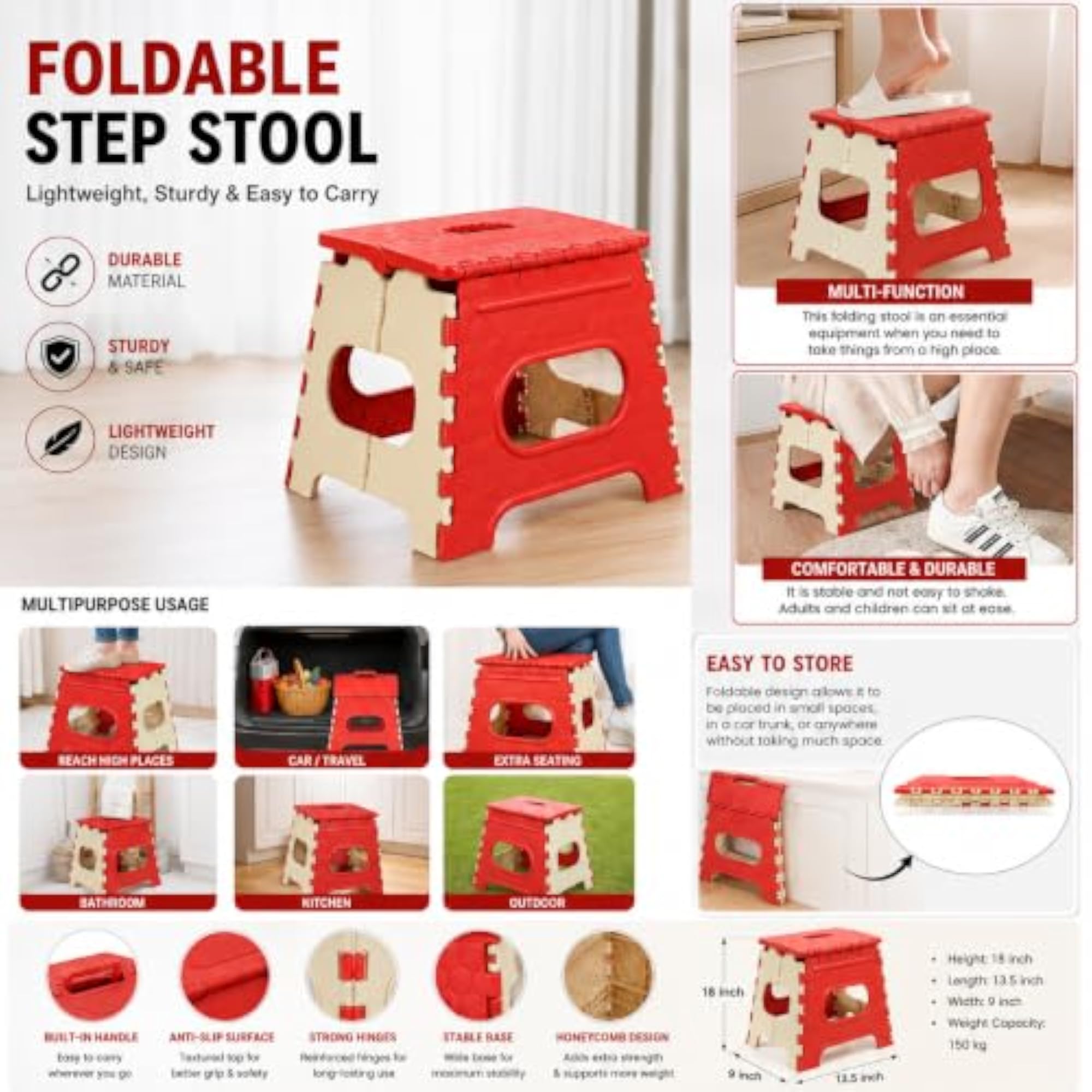 Folding Step Stool, 12 Inch Portable Plastic Stool