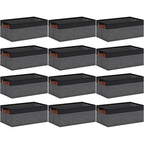 GhvyenntteS Small Fabric Storage Bins 12 Pack, 11.8" x 7.87" x 5.11" Storage Basket with Leather Handles, Closet Storage Bins for Shelves, Storage Baskets for Shelves, DVD Storage (Grey/Black)