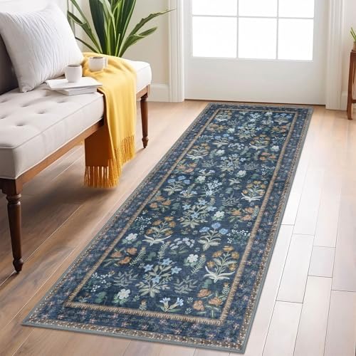 Boho Floral Machine Washable Runner Rug 2x6, Navy Kitchen Runner Rug Non-Slip, Super Thin Hallway Rug Runner Printed Faux Wool Soft Carpet for Entryway Bedroom Laundry Room Indoor