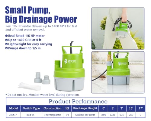 Image of Green Expert Submersible Utility Water Pump 1 /6 HP, Electric Water Removal Pump for Flooded Basement, Pool, Hot Tub, Garage, Yard, Window Well Drainage, Portable Emergency Pump