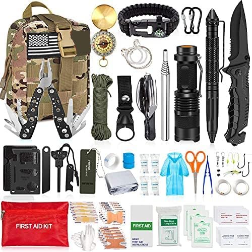 All in one Emergency Survival Kit for Camping, Hunting, Hiking, Car, RV, Bug Out Bag Tactical Pouch & American Flag Patch