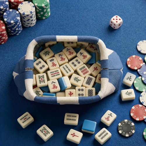Bolso tejido para fichas Mahjong azul y blanco miniatura 4