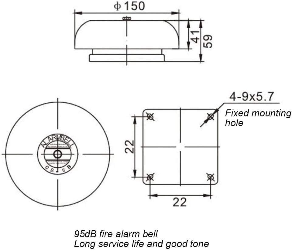 CB-6B 95dB 5.9in Electric Round Fire Alarm Bell, Aluminum Base for School, Home, and Factory Security Ideal for Elevators, Industrial, and Construction Applications (AC 110V)