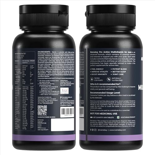 Nutrabay Pro Active Multivitamin for Men - 60 Tablets | 25 Vital Vitamins & Minerals with Zinc, Vitamin C, Vitamin D, Vitamin B12, and Multiminerals | Enhances Energy, Stamina & Immunity 2 51+InamL1sL
