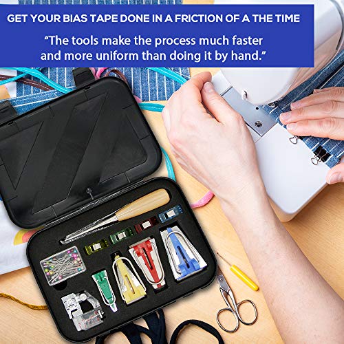 Vellostar Bias Tape Maker Kit – 4 Bias Tape Tool Kit (6/12/18/25Mm) 1/4" 1/2" 3/4" 1" – Seam Binding Maker W/Instructions, Bias Tape Maker Set For Quilting With Adjustable Bias Tape Binding Foot #TOP1