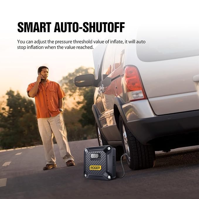 Image of ROGER Portable Air Compressor Pump - Powerful 12V DC Tire Inflator with Digital Gauge, Auto Shut-Off & LED Light - Ideal for Cars, Bicycles, Balloons & More