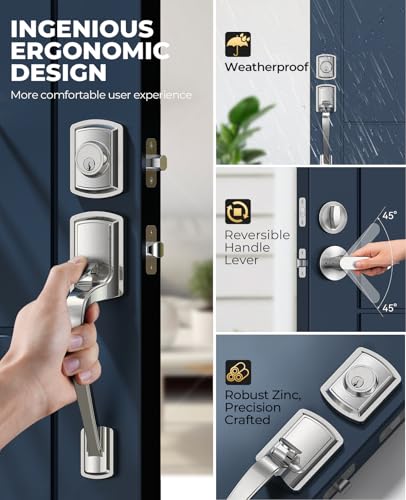 Image of Nickel Front Door Handle and Deadbolt Set, Front Door Lock Set | Heavy Duty Exterior Door Handle, Brushed Entry Locksets with Deadbolt, Exterior Door Lock with Lever, Easy Install, Universal
