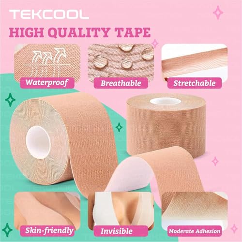 Image of TEKCOOL Boob Tape Kit - Instant Boob Tape with 10 Nipple Pasties for Fashion with 36 Strips Double Sided Tape for Clothes &1 Pair Reusable Nipple Cover for Women (Beige)