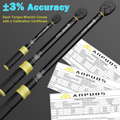 Image of ANPUDS 5Pcs 1 /4 3 /8 1 /2-inch Drive Click Torque Wrench Set, ±3% Accuracy | 20-240in.lb, 10-110Ft.lb, 30-250Ft.lb, 72-Tooth Quick Release, Dual Scale, for Bike, Motorcycle, Car, SUV, Truck, RV, Towing