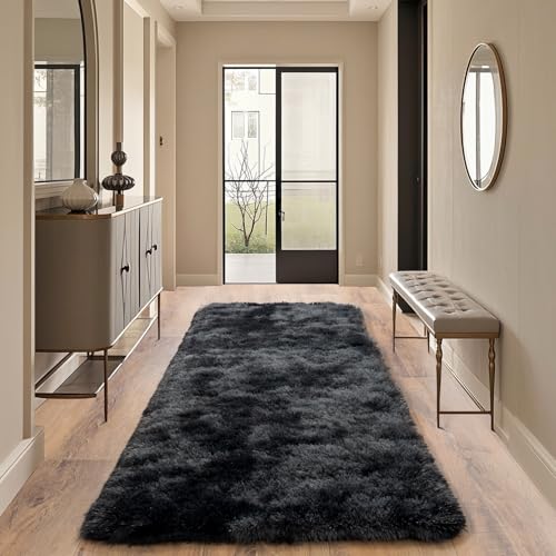 Tie-Dyed Black Rugs for Bedroom 2x6 ft - Ultra Soft Faux Fur Area Rug - Plush Non-Slip Shaggy Carpet for Living Room, Cozy Fluffy Rug for Kids Boys Girls Dorm Nursery Room, High Pile Floor Carpet