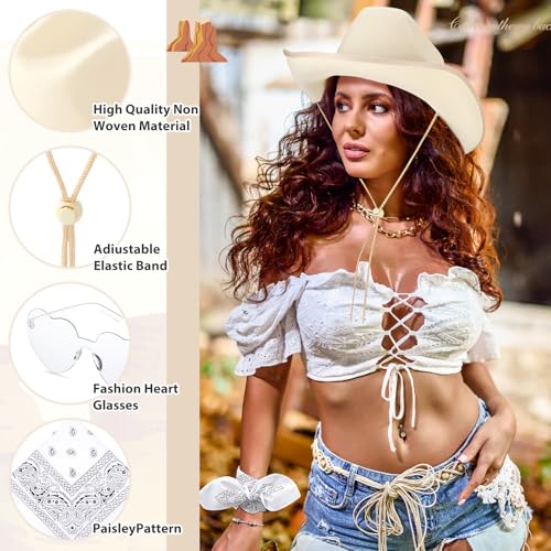 Image of Coume 6 Sets Cowboy Hat with Heart Sunglasses and Paisley Bandanas Western Cowgirl Hat for Cosplay Costume Adults(Beige, White)