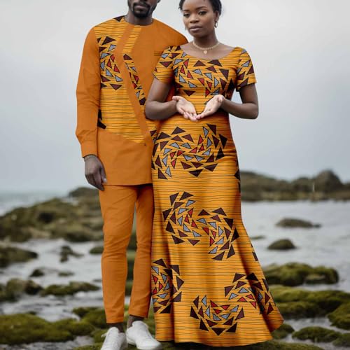 Africa Couples Men's Long Sleeve Irregular Printed Fabric Patchwork Top and Pants Women's Classic Dress Long Dress2