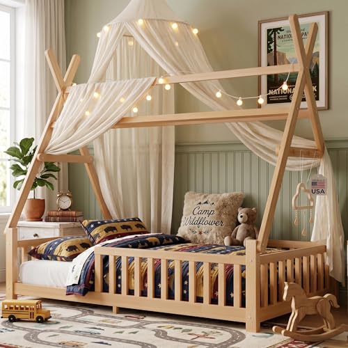 Mirightone Teepee Floor Bed for Kids, Full Size Montessori Beds with Rails & LED Light, Detachable Floor Tent Bed with Slats and Hanging Rack, Wood House Bedframe for Boys Girls, Natural
