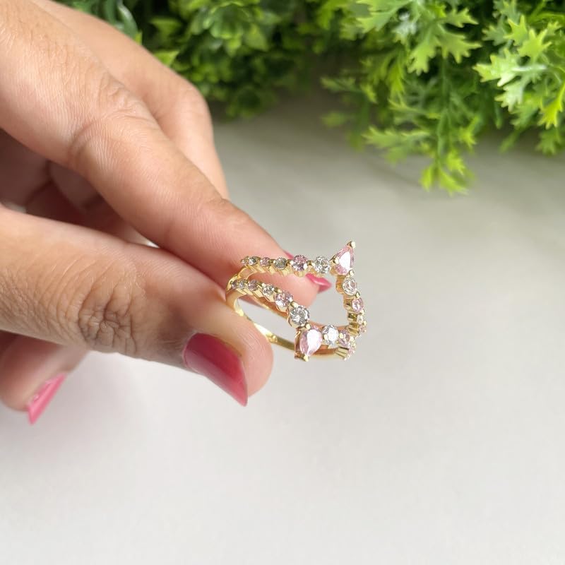 Alternate Pink Sapphire & White Diamond Contour V Shape Enhancer Guard For Women, 14K Gold Plated 925 Silver September Birthstone Pink Sapphire Chevron V Shape Enhancer Wrap Guard Matching Band