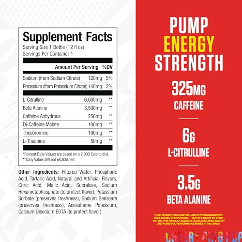Image of RYSE Loaded Pre Workout Drink - Ring Pop Cherry - Sugar-Free, Ready to Drink Energy Supplement with 325mg Caffeine, Citrulline & Beta Alanine for Focus & Pump - 12 fl oz Bottles (Pack of 12)
