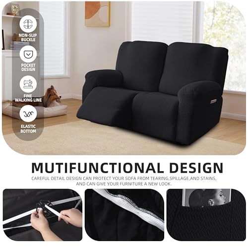 Image of Genina Recliner Loveseat Covers, Stretch Reclining Sofa Covers, 2 Seater Couch Cushion Stripe Jacquard Recliner Slipcovers - Furniture Protector Covers for Pet Kid (Black)