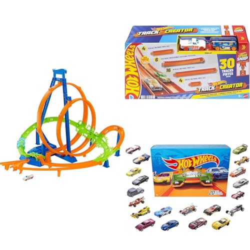Image of Bundle of Hot Wheels Epic Crash Dash, 5 Crash Zones, Easy Storage + Hot Wheels Track Creator Deluxe, 25 Feet of Track & Connectors + Set of 20 Vehicles (Styles May Vary) (Amazon Exclusive)