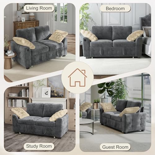 Image of Hanherry 59 inch Loveseat Couch with Pull Out Sofa Bed, Chenille 2-in-1 Convertible 2 Seater Sleeper Sofa with USB Charging,Comfy Love Seat for Small Spaces Living Room Apartment