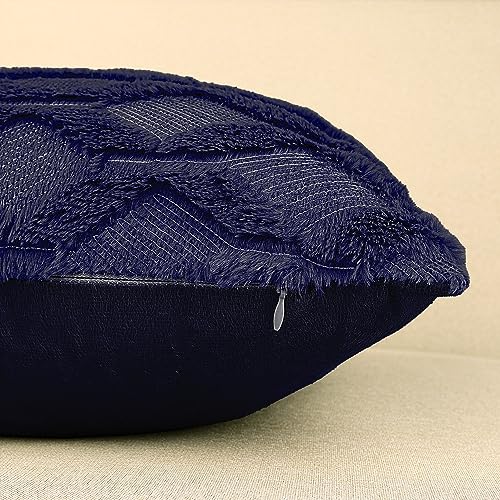 Henzxi Set of 2 Throw Pillow Covers 18x18 Inches Farmhouse Decorative Throw Pillow Covers Square Boho Cushion Case with Faux Velvet Soft Plush Short Wool, Dark Blue