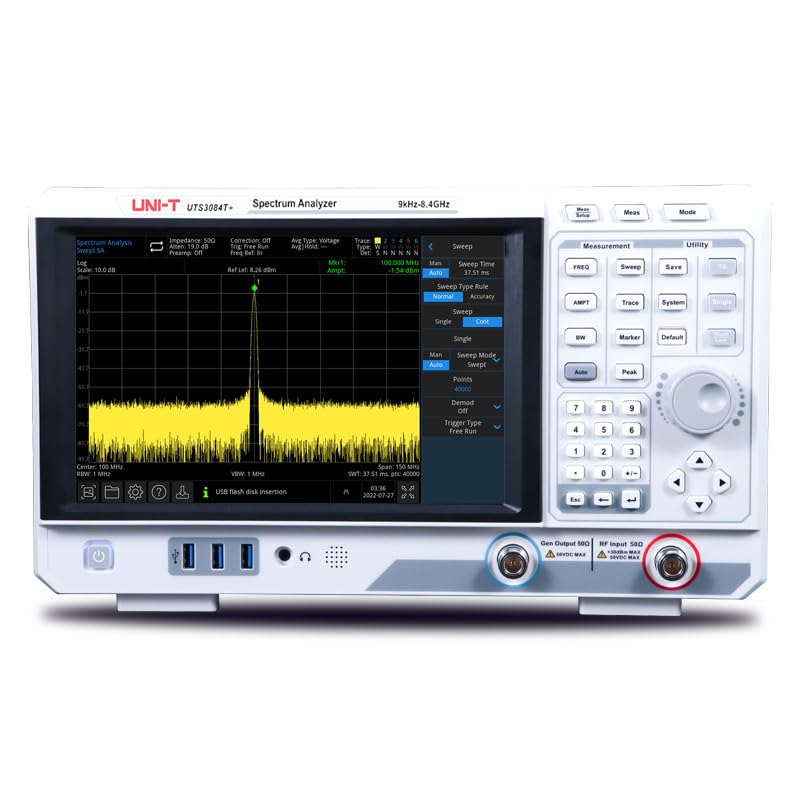 Analizador de espectro UNI-T UTS3015T+ | Rango de frecuencia 9 kHz-1,5 GHz, 1 Hz – 1 MHz RBW, -98 dBc/Hz a 10 kHz ruido de fase, -161 dBm DANL, pantalla táctil TFT LCD de 10,1 pulgadas, con TG