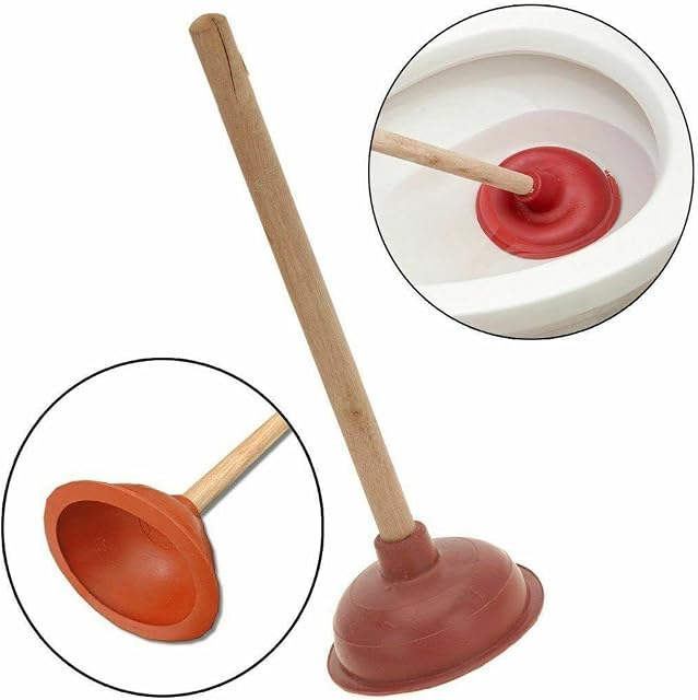 T&B® Red Toilet Plunger 150mm 6 Inch Cup with 430mm 17 Inch Handle, Drain Sink Plunger Toilet Pump Unblocker, Strong Suction of Red Rubber Cup with Wooden Handle Drain Cleaner Easily Clear All Blocked