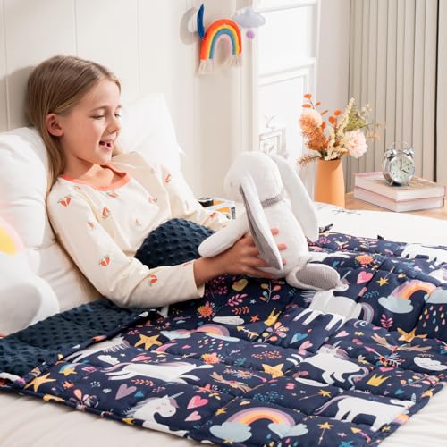 Image of Uttermara Weighted Blanket 3lbs, Cozy Minky Weighted Blankets with Cartoon Patterns, Reversible Washable Heavy Blanket Great for Sleeping, 36x48 inches, Navy Blue Unicorn