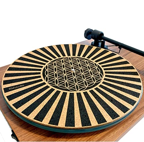 Tazstudio Premium Slipmat - Cork Turntable Mat For Better Sound Support On Vinyl Lp Record Player - Cork Mat Original Art Design - Psychedelic Geometric The Flower Of Life (4Mm Thick) #TOP5