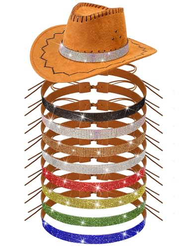XunYee 8 Pcs Rhinestone Cowboy Hat Bands for Women Adjustable Western Diamond Bling Hat Belt for Men Cowgirl Panama Cap (Colorful)