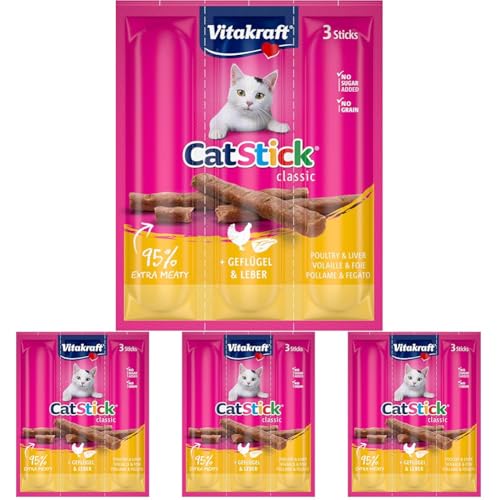 VITAKRAFT - Friandises Chat « Cat-Stick Mini » - À la Volaille et au Foie - Alimentation pour Chat - Sachet Fraîcheur De 3 Bâtonnets De 6 g (Lot de 4)