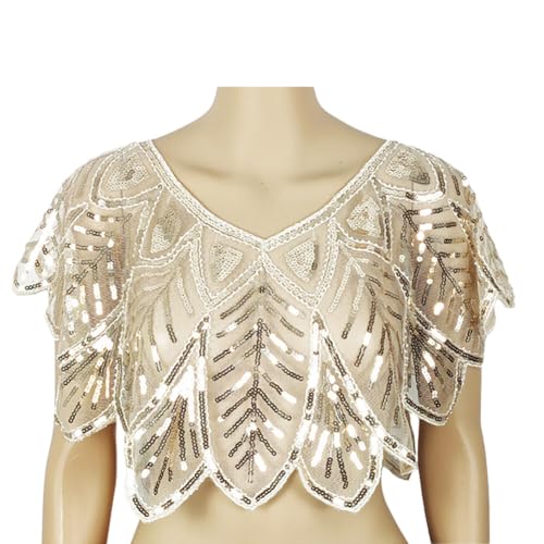 Women's 1920s Sequin Shawl Wrap Bridal Shawl Cover up Beaded Evening Cape for Party Carnival Dance Accessory, Almond4