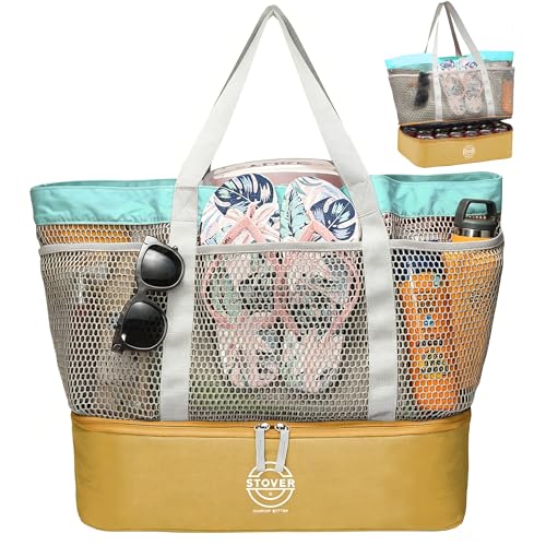 STOVER Extra Large Mesh Beach Bag with Cooler Compartment - 24 Can Insulated Bottom Holds 9-10 Towels 6 Pockets Foldable Beach Tote for Pool Travel & Family Vacations (Shoreline Sand)